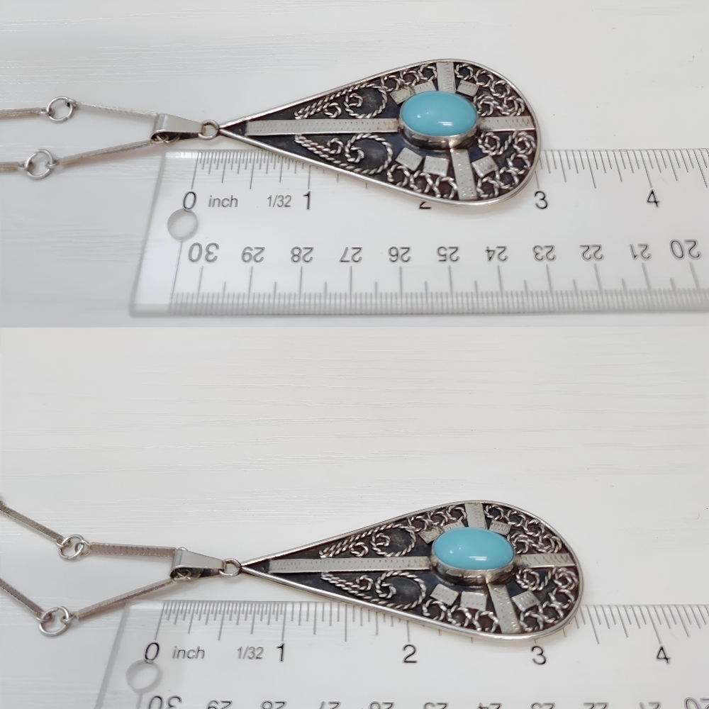 Vintage MEXICO Sterling Silver REYGO Turquoise Tear Drop Pendant Necklace 23.5" - Picture 8 of 12